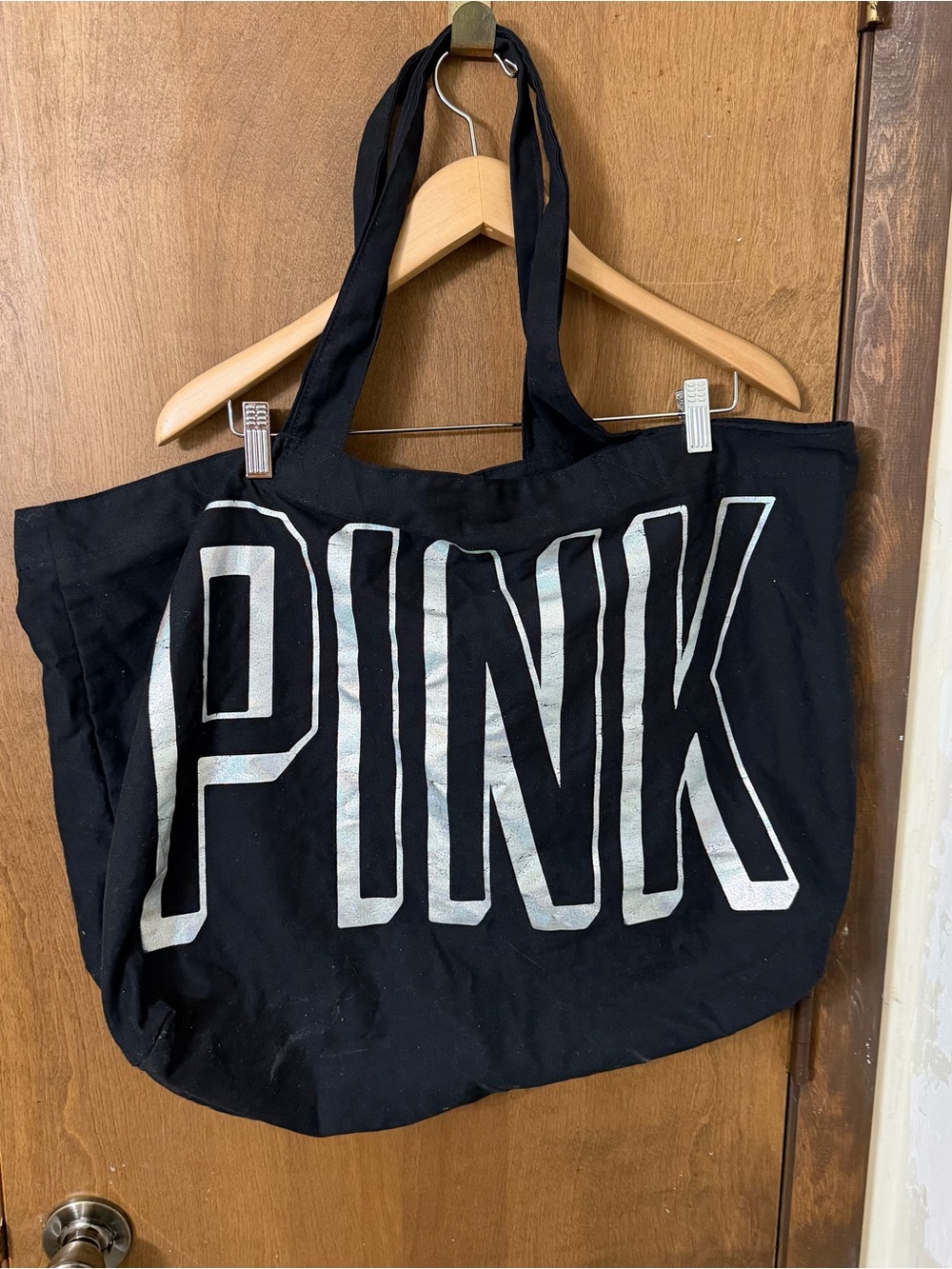 PINK Victoria's Secret Black Canvas Tote with Large Silver Logo